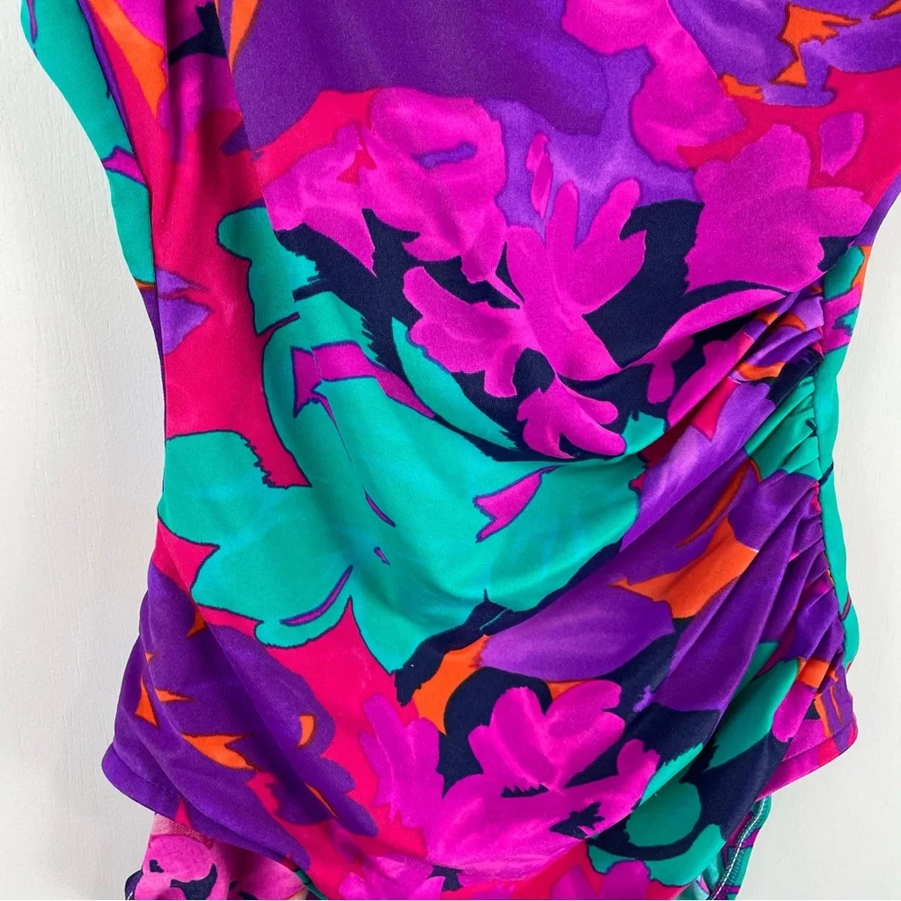 Vtg Y2K Abstract Swim One Piece Sz 16 High Cut Neon Floral Print Ruched